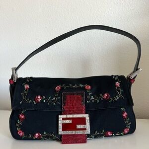 RARE Fendi Lizard Trimmed Neoprene Crystal Beaded Baguette